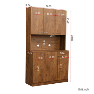 English Elm 70.87" Wardrobe Kitchen Cabinet with 6 Doors, 1 Drawer & Open Shelf — Durable Melamine MDF Storage Solution Walnut W331S00060