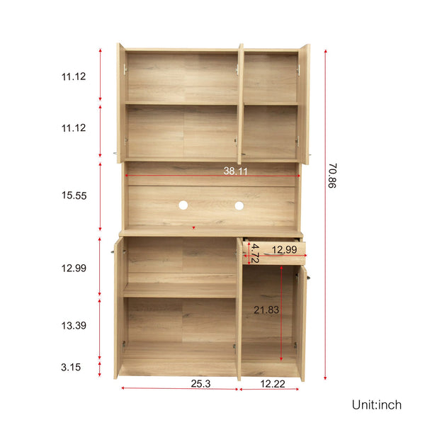 English Elm 70.87" Wardrobe Kitchen Cabinet with 6 Doors, 1 Drawer & Open Shelf — Durable Melamine MDF Storage Solution Oak W331S00057