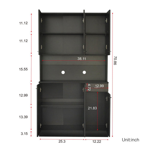 English Elm 70.87" Wardrobe Kitchen Cabinet with 6 Doors, 1 Drawer & Open Shelf — Durable Melamine MDF Storage Solution Black W331S00059