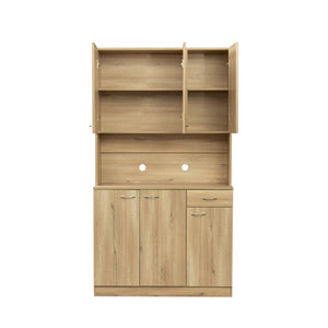 English Elm 70.87" Wardrobe Kitchen Cabinet with 6 Doors, 1 Drawer & Open Shelf — Durable Melamine MDF Storage Solution Oak W331S00057
