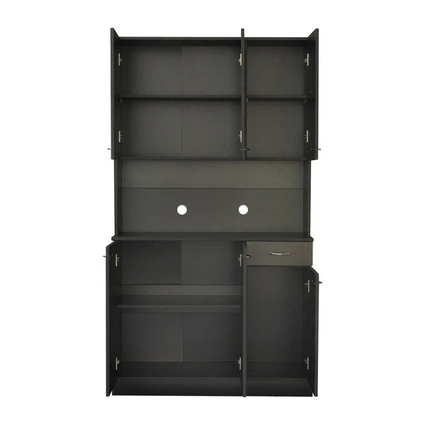 English Elm 70.87" Wardrobe Kitchen Cabinet with 6 Doors, 1 Drawer & Open Shelf — Durable Melamine MDF Storage Solution Black W331S00059