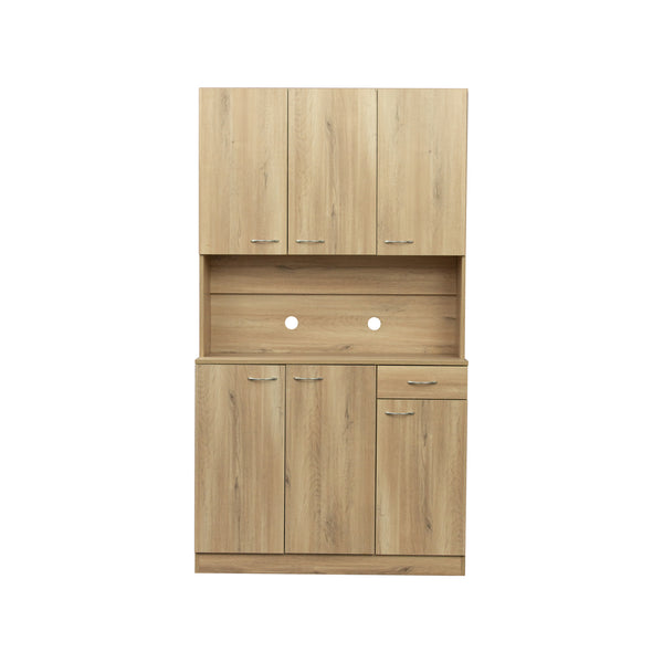 English Elm 70.87" Wardrobe Kitchen Cabinet with 6 Doors, 1 Drawer & Open Shelf — Durable Melamine MDF Storage Solution Oak W331S00057