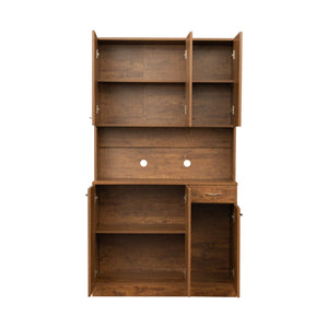 English Elm 70.87" Wardrobe Kitchen Cabinet with 6 Doors, 1 Drawer & Open Shelf — Durable Melamine MDF Storage Solution Walnut W331S00060