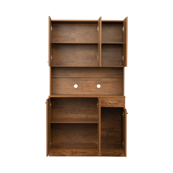 English Elm 70.87" Wardrobe Kitchen Cabinet with 6 Doors, 1 Drawer & Open Shelf — Durable Melamine MDF Storage Solution Walnut W331S00060