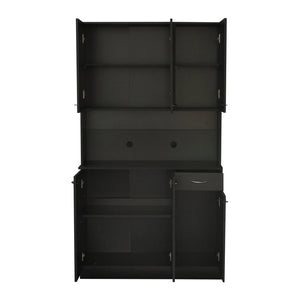 English Elm 70.87" Wardrobe Kitchen Cabinet with 6 Doors, 1 Drawer & Open Shelf — Durable Melamine MDF Storage Solution Black W331S00059