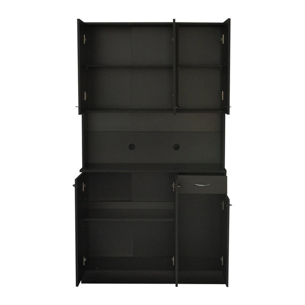 English Elm 70.87" Wardrobe Kitchen Cabinet with 6 Doors, 1 Drawer & Open Shelf — Durable Melamine MDF Storage Solution Black W331S00059