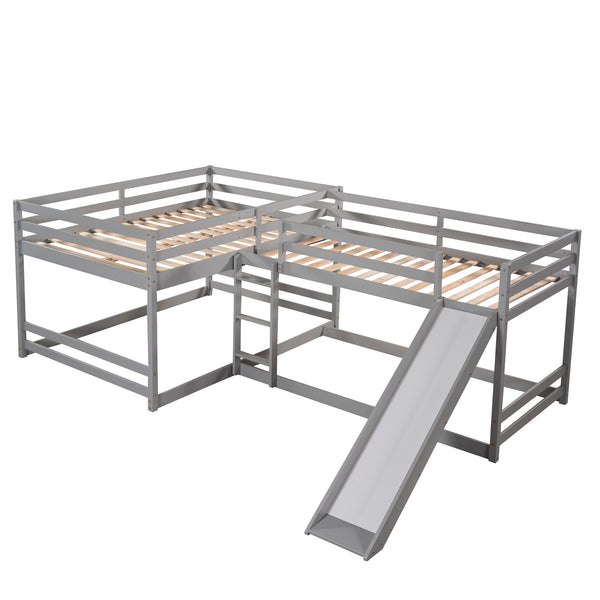 English Elm Full L-Shaped Bunk Bed with Slide and Short Ladder — Pine Mission Style, Durable Slat Kit Included Gray GX000404AAE