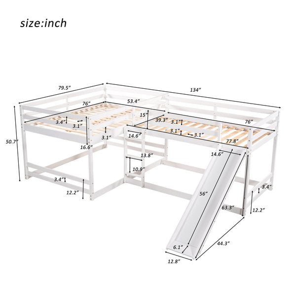 English Elm Full L-Shaped Bunk Bed with Slide and Short Ladder — Pine Mission Style, Durable Slat Kit Included White GX000404AAK