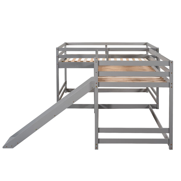 English Elm Full L-Shaped Bunk Bed with Slide and Short Ladder — Pine Mission Style, Durable Slat Kit Included Gray GX000404AAE