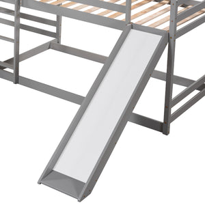 English Elm Full L-Shaped Bunk Bed with Slide and Short Ladder — Pine Mission Style, Durable Slat Kit Included Gray GX000404AAE