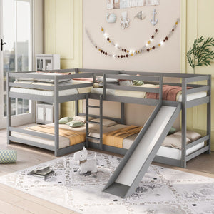English Elm Full L-Shaped Bunk Bed with Slide and Short Ladder — Pine Mission Style, Durable Slat Kit Included Gray GX000404AAE