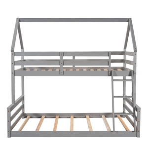 English Elm Twin Over Full House Bunk Bed Solid Pine Frame with Ladder for Kids Bedroom WF287558AAE-1