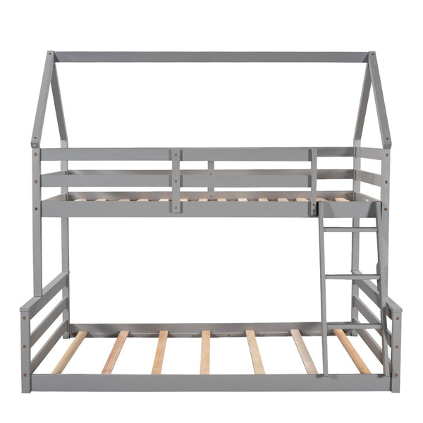 English Elm Twin Over Full House Bunk Bed Solid Pine Frame with Ladder for Kids Bedroom WF287558AAE-1