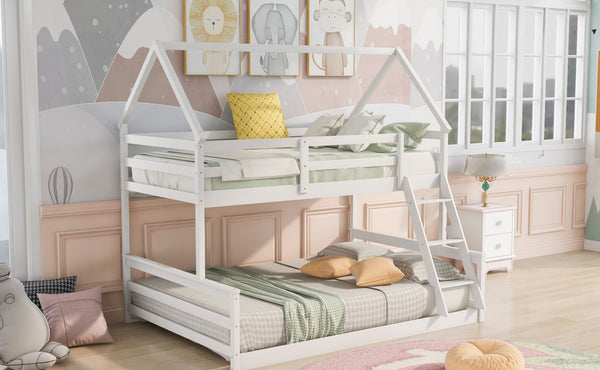 English Elm Twin Over Full House Bunk Bed Solid Pine Frame with Ladder for Kids Bedroom WF287558AAK-1
