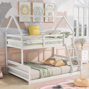 English Elm Twin Twin over Full Bunk Bed Space-Saving Pine Wood Frame with Guardrail, 3-Step Ladder & Slats White WF287558AAK