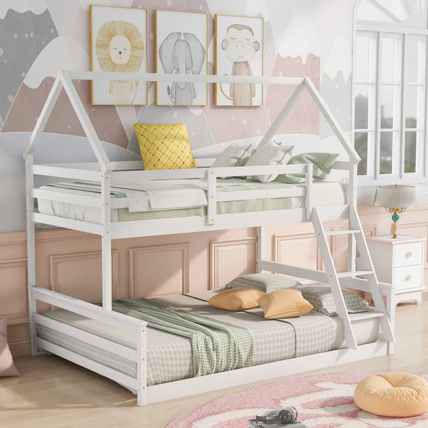 English Elm Twin Twin over Full Bunk Bed Space-Saving Pine Wood Frame with Guardrail, 3-Step Ladder & Slats White WF287558AAK