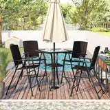 Hearth and Haven 5 Piece PE Wicker Patio Counter Height Dining Table Set with Umbrella Hole and 4 Foldable Chairs, Brown