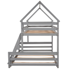 English Elm Twin Twin over Full Bunk Bed Space-Saving Pine Wood Frame with Guardrail, 3-Step Ladder & Slats Gray WF287558AAE