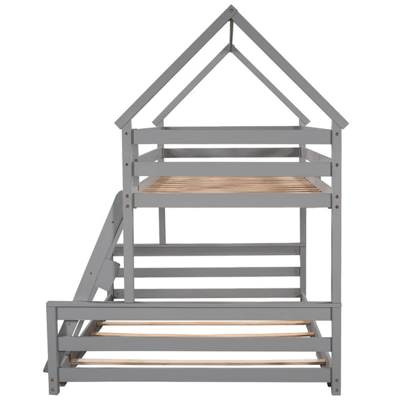 English Elm Twin Over Full House Bunk Bed Solid Pine Frame with Ladder for Kids Bedroom WF287558AAE-1