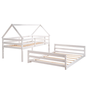English Elm Twin Twin over Full Bunk Bed Space-Saving Pine Wood Frame with Guardrail, 3-Step Ladder & Slats White WF287558AAK