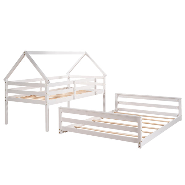 English Elm Twin Twin over Full Bunk Bed Space-Saving Pine Wood Frame with Guardrail, 3-Step Ladder & Slats White WF287558AAK