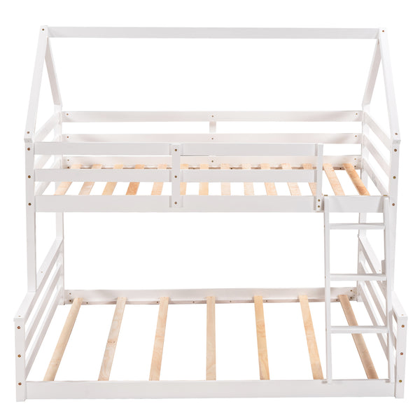 English Elm Twin Twin over Full Bunk Bed Space-Saving Pine Wood Frame with Guardrail, 3-Step Ladder & Slats White WF287558AAK