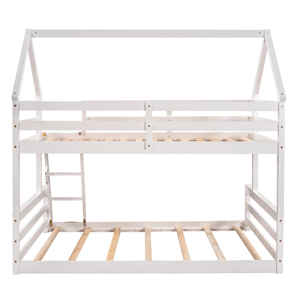 English Elm Twin Twin over Full Bunk Bed Space-Saving Pine Wood Frame with Guardrail, 3-Step Ladder & Slats White WF287558AAK