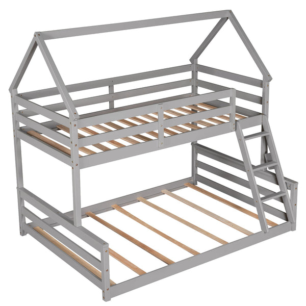 English Elm Twin Twin over Full Bunk Bed Space-Saving Pine Wood Frame with Guardrail, 3-Step Ladder & Slats Gray WF287558AAE