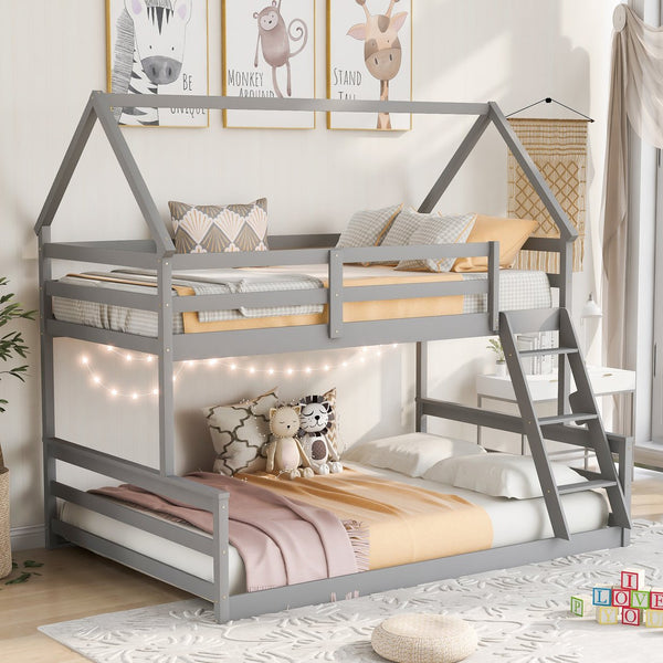 English Elm Twin Twin over Full Bunk Bed Space-Saving Pine Wood Frame with Guardrail, 3-Step Ladder & Slats Gray WF287558AAE