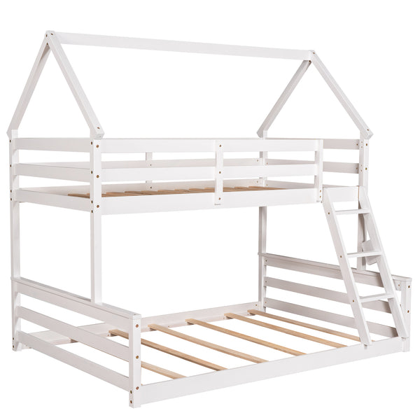 English Elm Twin Twin over Full Bunk Bed Space-Saving Pine Wood Frame with Guardrail, 3-Step Ladder & Slats White WF287558AAK