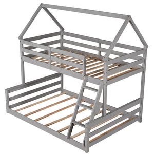 English Elm Twin Over Full House Bunk Bed Solid Pine Frame with Ladder for Kids Bedroom WF287558AAE-1