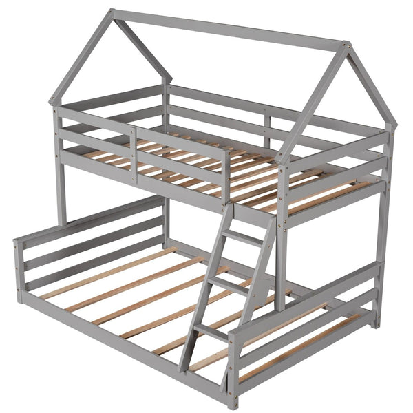 English Elm Twin Over Full House Bunk Bed Solid Pine Frame with Ladder for Kids Bedroom WF287558AAE-1