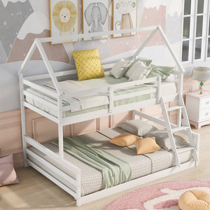 English Elm Twin Twin over Full Bunk Bed Space-Saving Pine Wood Frame with Guardrail, 3-Step Ladder & Slats White WF287558AAK