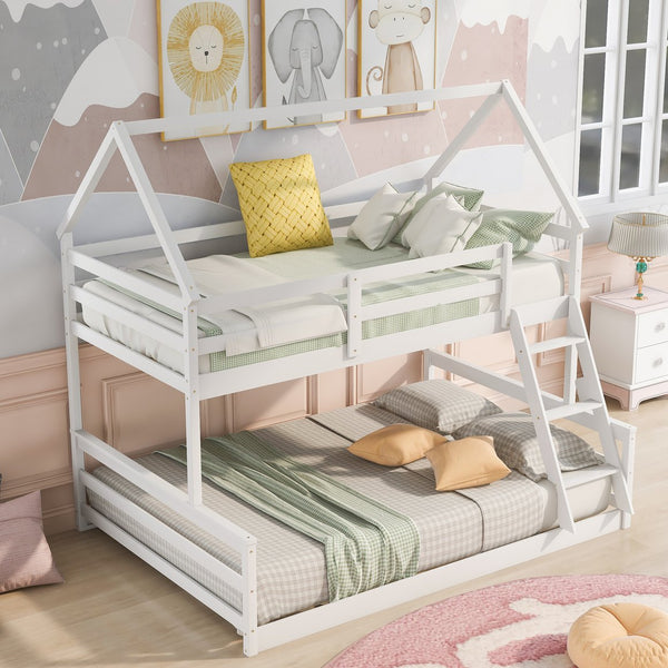English Elm Twin Twin over Full Bunk Bed Space-Saving Pine Wood Frame with Guardrail, 3-Step Ladder & Slats White WF287558AAK