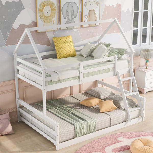 English Elm Twin Over Full House Bunk Bed Solid Pine Frame with Ladder for Kids Bedroom WF287558AAK-1