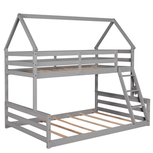 English Elm Twin Twin over Full Bunk Bed Space-Saving Pine Wood Frame with Guardrail, 3-Step Ladder & Slats Gray WF287558AAE