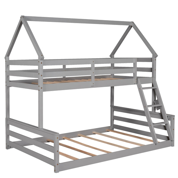 English Elm Twin Twin over Full Bunk Bed Space-Saving Pine Wood Frame with Guardrail, 3-Step Ladder & Slats Gray WF287558AAE