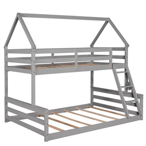 English Elm Twin Over Full House Bunk Bed Solid Pine Frame with Ladder for Kids Bedroom WF287558AAE-1