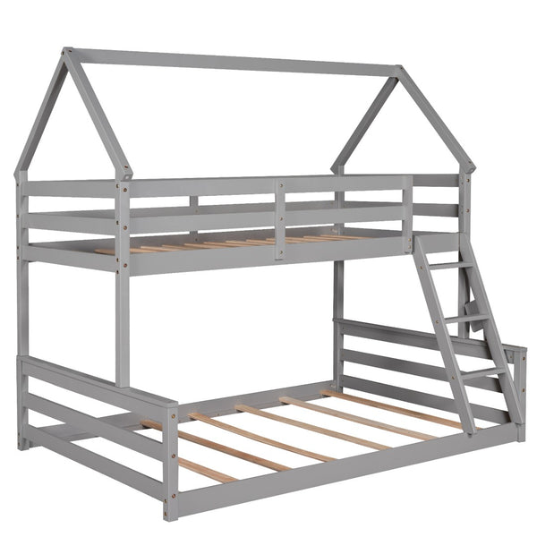 English Elm Twin Over Full House Bunk Bed Solid Pine Frame with Ladder for Kids Bedroom WF287558AAE-1