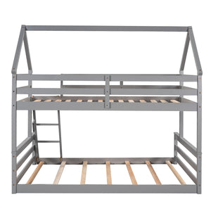 English Elm Twin Twin over Full Bunk Bed Space-Saving Pine Wood Frame with Guardrail, 3-Step Ladder & Slats Gray WF287558AAE