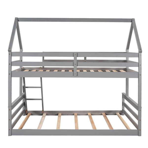 English Elm Twin Over Full House Bunk Bed Solid Pine Frame with Ladder for Kids Bedroom WF287558AAE-1