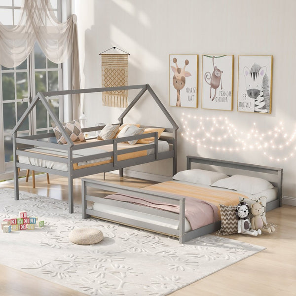 English Elm Twin Over Full House Bunk Bed Solid Pine Frame with Ladder for Kids Bedroom WF287558AAE-1