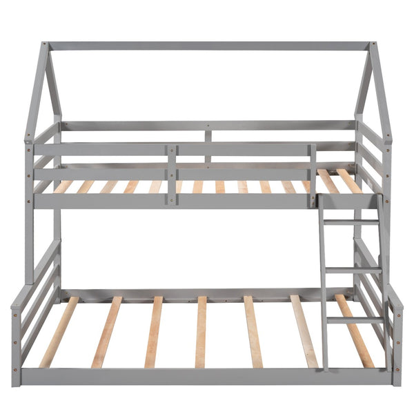 English Elm Twin Over Full House Bunk Bed Solid Pine Frame with Ladder for Kids Bedroom WF287558AAE-1