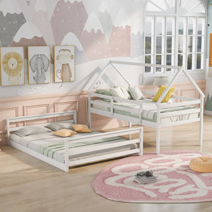 English Elm Twin Over Full House Bunk Bed Solid Pine Frame with Ladder for Kids Bedroom WF287558AAK-1