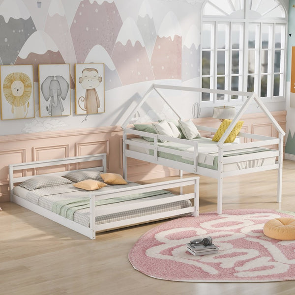 English Elm Twin Over Full House Bunk Bed Solid Pine Frame with Ladder for Kids Bedroom WF287558AAK-1