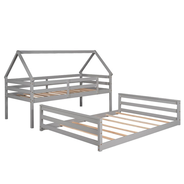 English Elm Twin Over Full House Bunk Bed Solid Pine Frame with Ladder for Kids Bedroom WF287558AAE-1