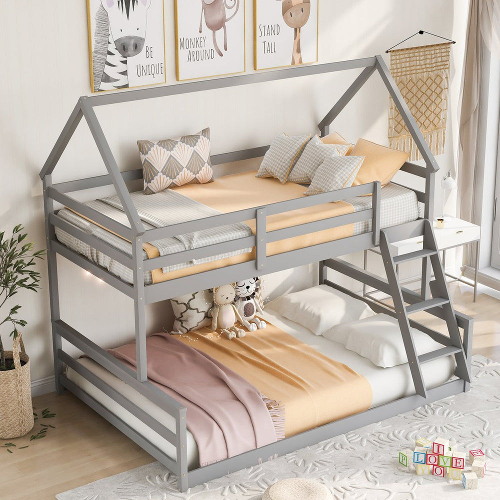 English Elm Twin Twin over Full Bunk Bed Space-Saving Pine Wood Frame with Guardrail, 3-Step Ladder & Slats Gray WF287558AAE