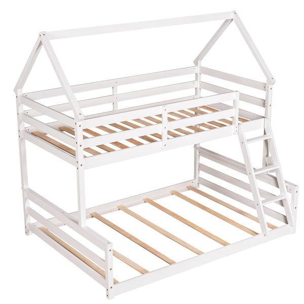English Elm Twin Twin over Full Bunk Bed Space-Saving Pine Wood Frame with Guardrail, 3-Step Ladder & Slats White WF287558AAK