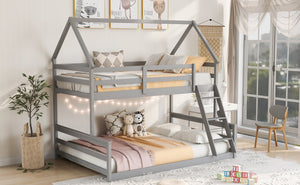 English Elm Twin Twin over Full Bunk Bed Space-Saving Pine Wood Frame with Guardrail, 3-Step Ladder & Slats Gray WF287558AAE