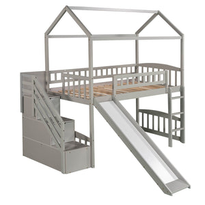 English Elm Twin House Loft Bed with Slide Two Drawers Storage Steps Kids Playroom Gray LT100130AAE